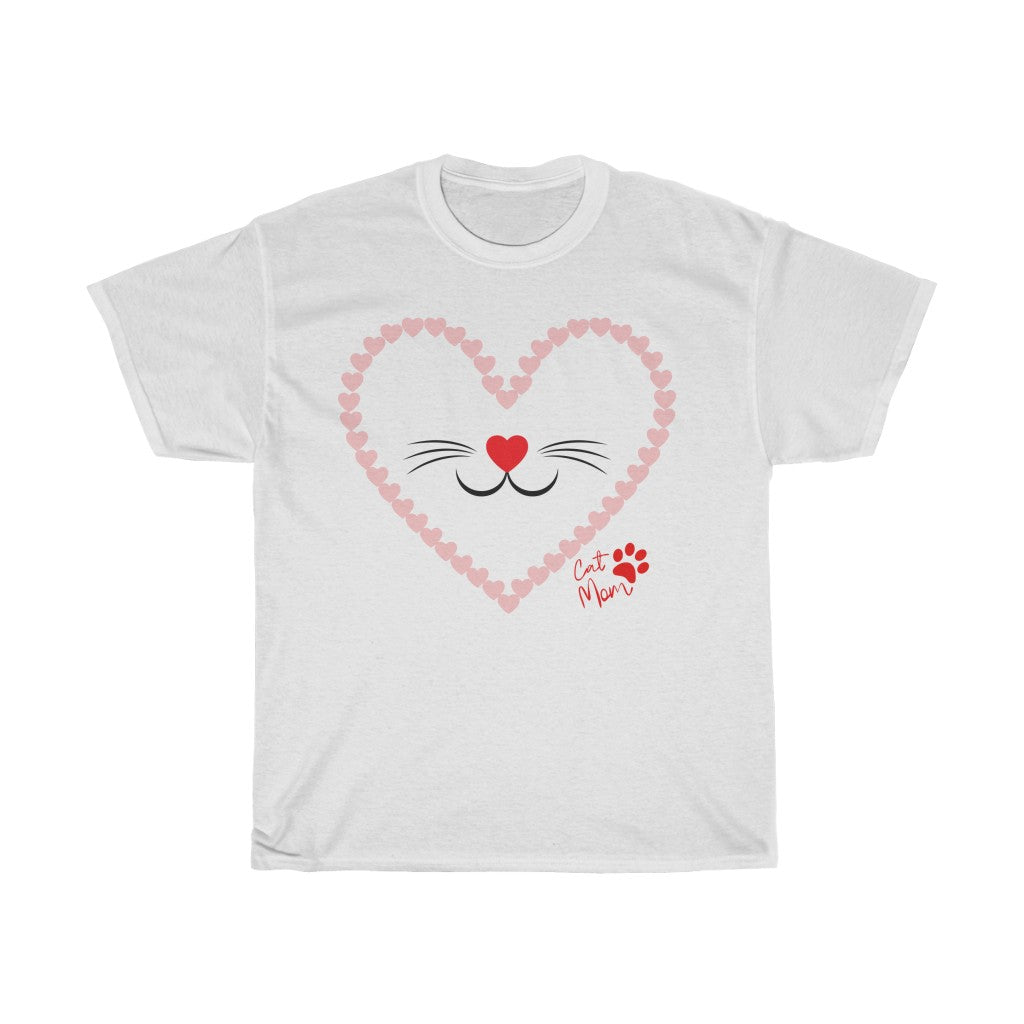 Cat Face In Hearts - Unisex Heavy Cotton Tee