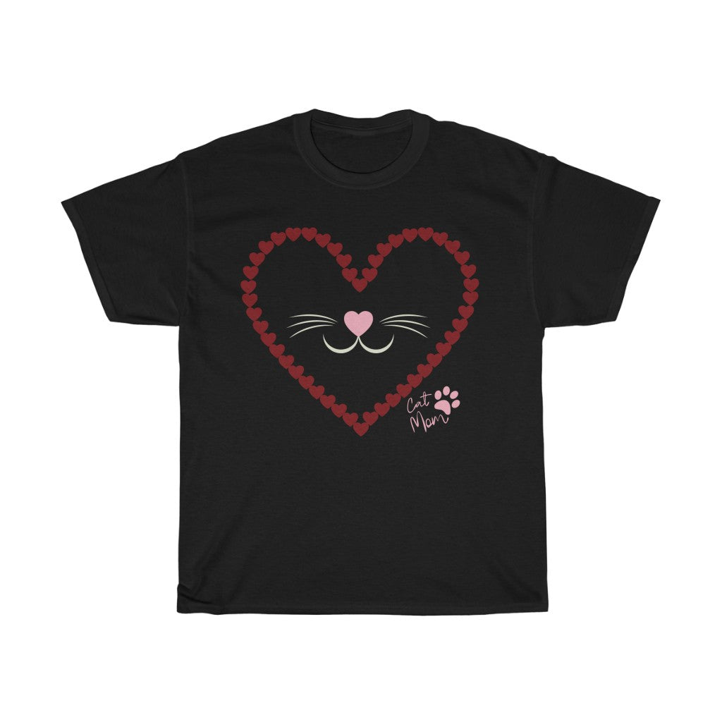 Cat Face In Hearts - Unisex Heavy Cotton Tee