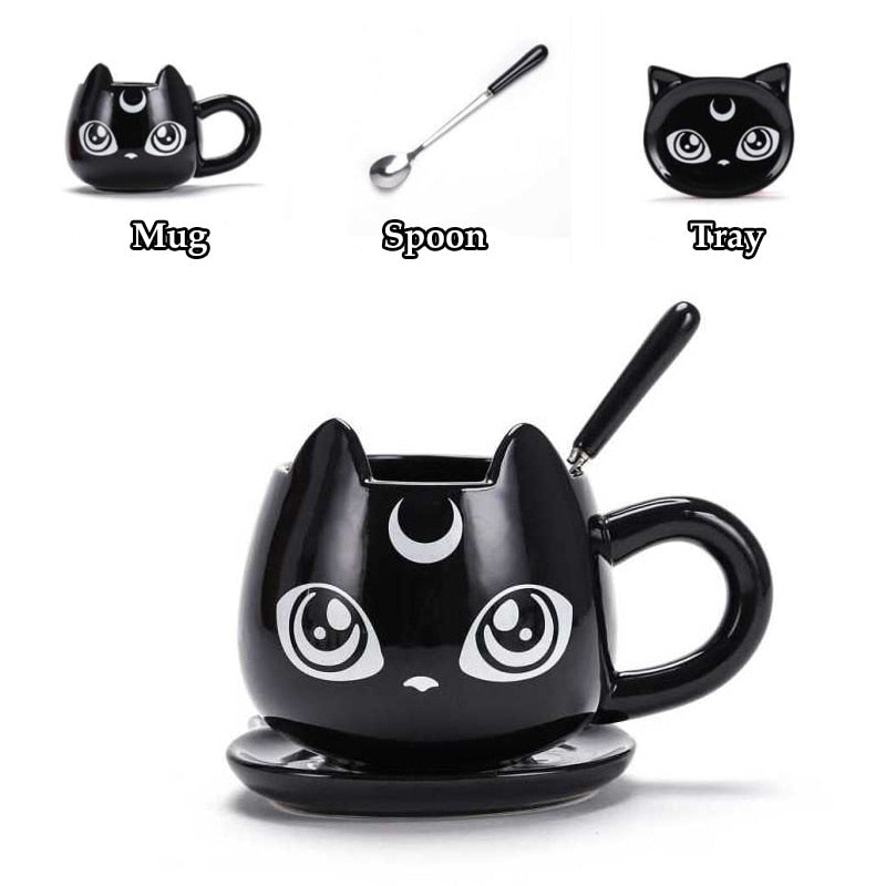 Black Cat Ceramic Mug with Tray